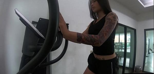  Petite tattooed Asian teen gave a perverted guy a handjob after hot workout